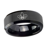 10mm-Fleur-De-Lis-Beveled-Edges-Black-Tungsten-Carbide-Men's-Wedding-Band