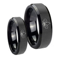 Fleur De Lis Beveled Edges Black Tungsten Couples Ring Set