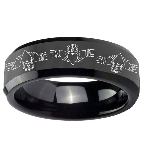 10mm Irish Claddagh Beveled Edge Black Tungsten Carbide Promise Ring