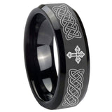 8mm Celtic Cross Beveled Edges Black Tungsten Carbide Men's Wedding Band