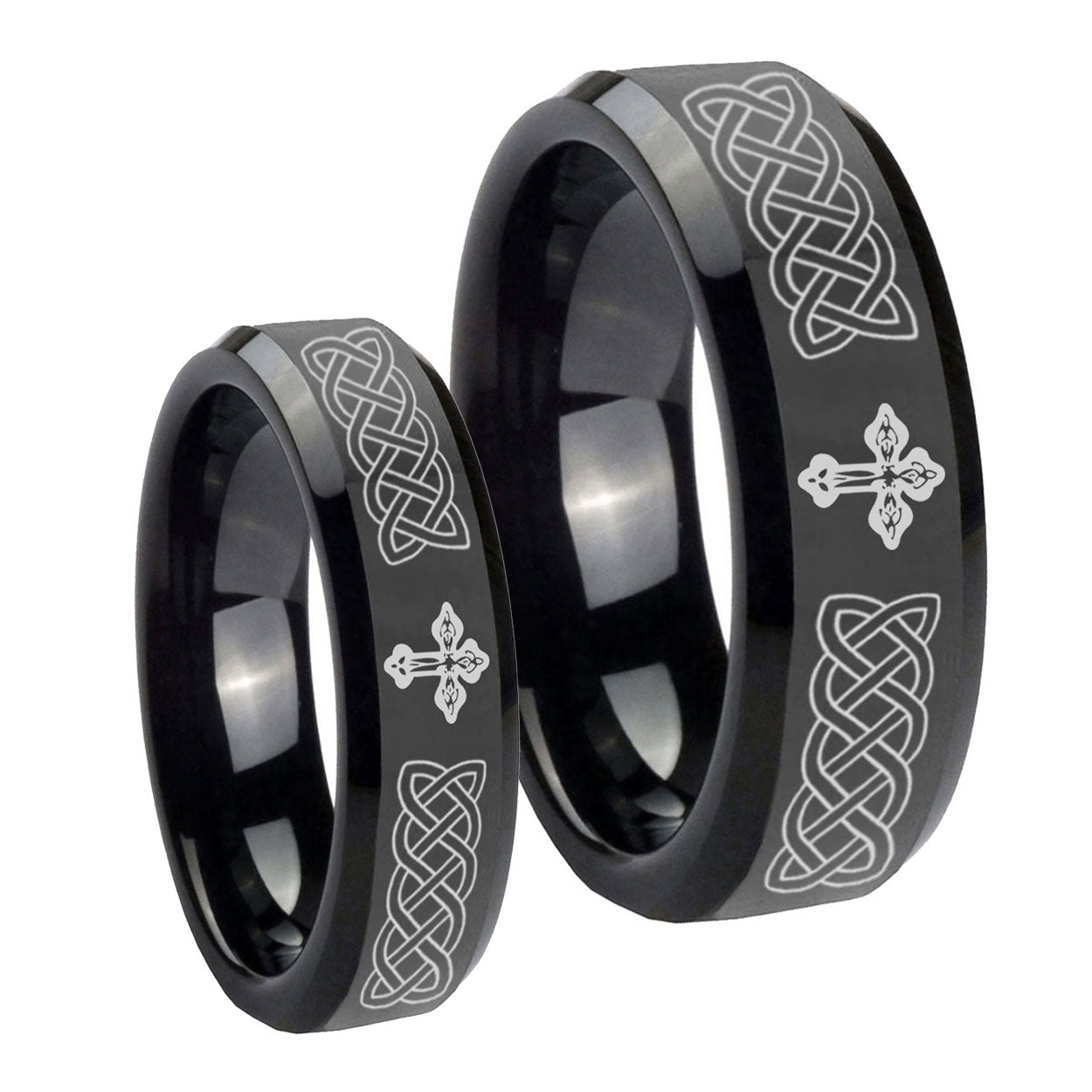 Celtic Cross Beveled Edges Black Tungsten His and Hers