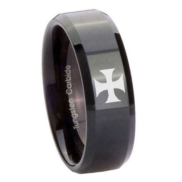 10mm-Maltese-Cross-Beveled-Edges-Black-Tungsten-Carbide-Mens-Ring-Engraved