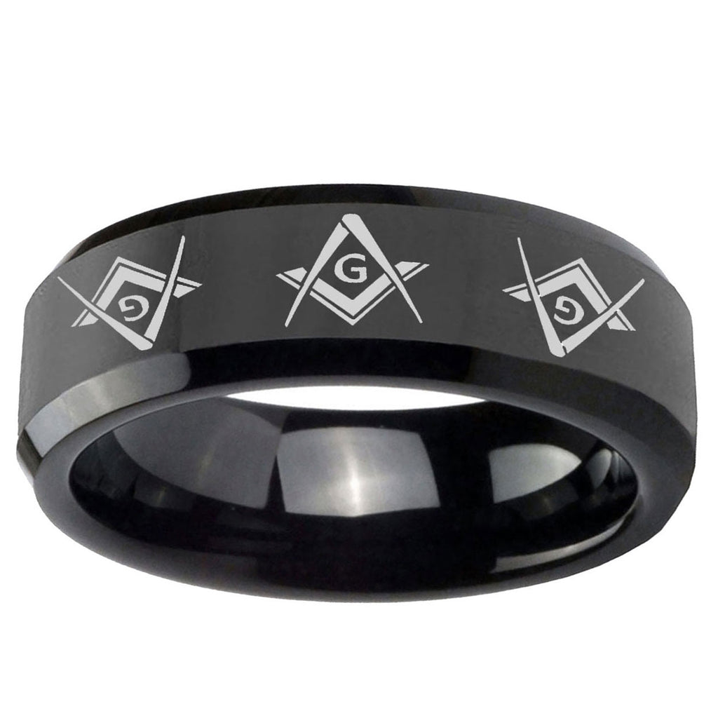 10mm Master Mason Masonic Beveled Edge Black Tungsten Custom Ring for Men
