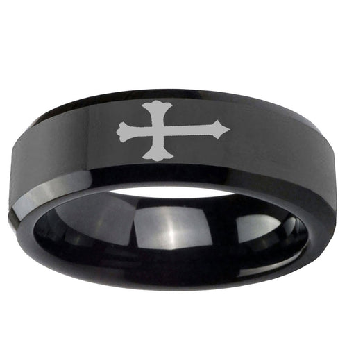 5mm Christian Cross Beveled Edges Black Tungsten Ring Mens