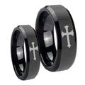 Christian Cross Beveled Edges Black Tungsten Matching Ring Set