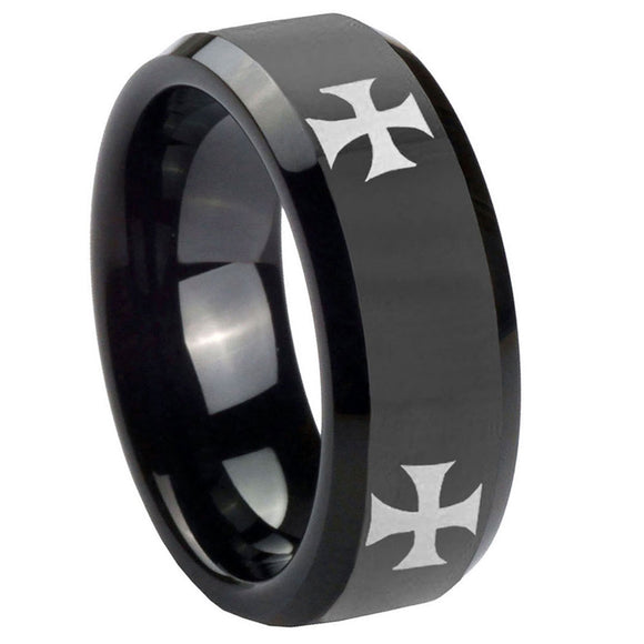 8mm-4-Maltese-Cross-Beveled-Edges-Black-Tungsten-Carbide-Mens-Engagement-Band