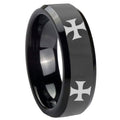 8mm 4 Maltese Cross Beveled Edges Black Tungsten Ring