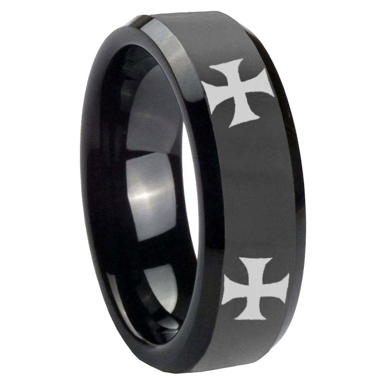 8mm 4 Maltese Cross Beveled Edges Black Tungsten Ring