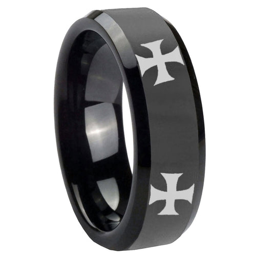 10mm 4 Maltese Cross Beveled Edges Black Tungsten Carbide Men's Wedding Band