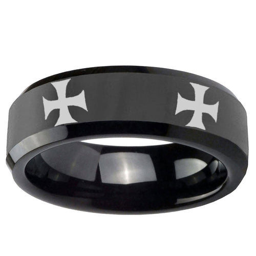 10mm 4 Maltese Cross Beveled Edge Black Tungsten Ring