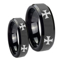 4 Maltese Cross Beveled Edges Black Tungsten Couple Wedding Bands