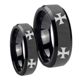 His Hers 4 Maltese Cross Beveled Edges Black Tungsten Promise Ring Set