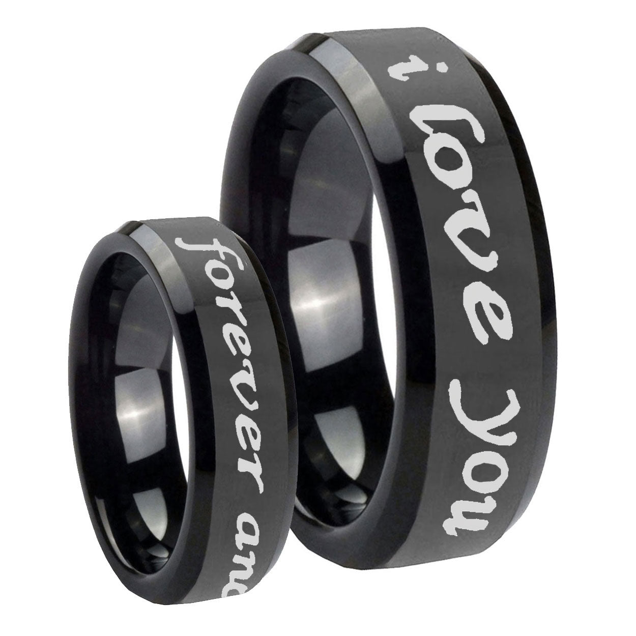 I Love You Forever and ever Beveled Black Tungsten Bridal Set Ring