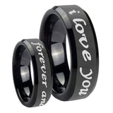 His Hers I Love You Forever and ever Beveled Black Tungsten Rings Set