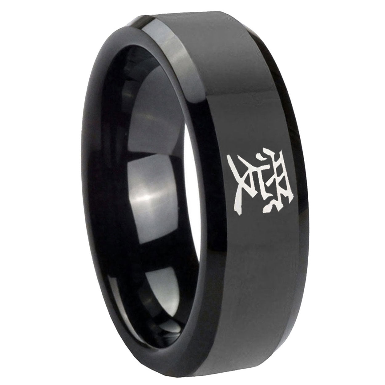 10mm Kanji Love Beveled Edges Black Tungsten Carbide Mens Promise Ring