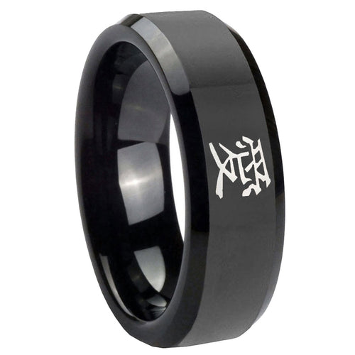 10mm Kanji Love Beveled Edges Black Tungsten Carbide Mens Promise Ring