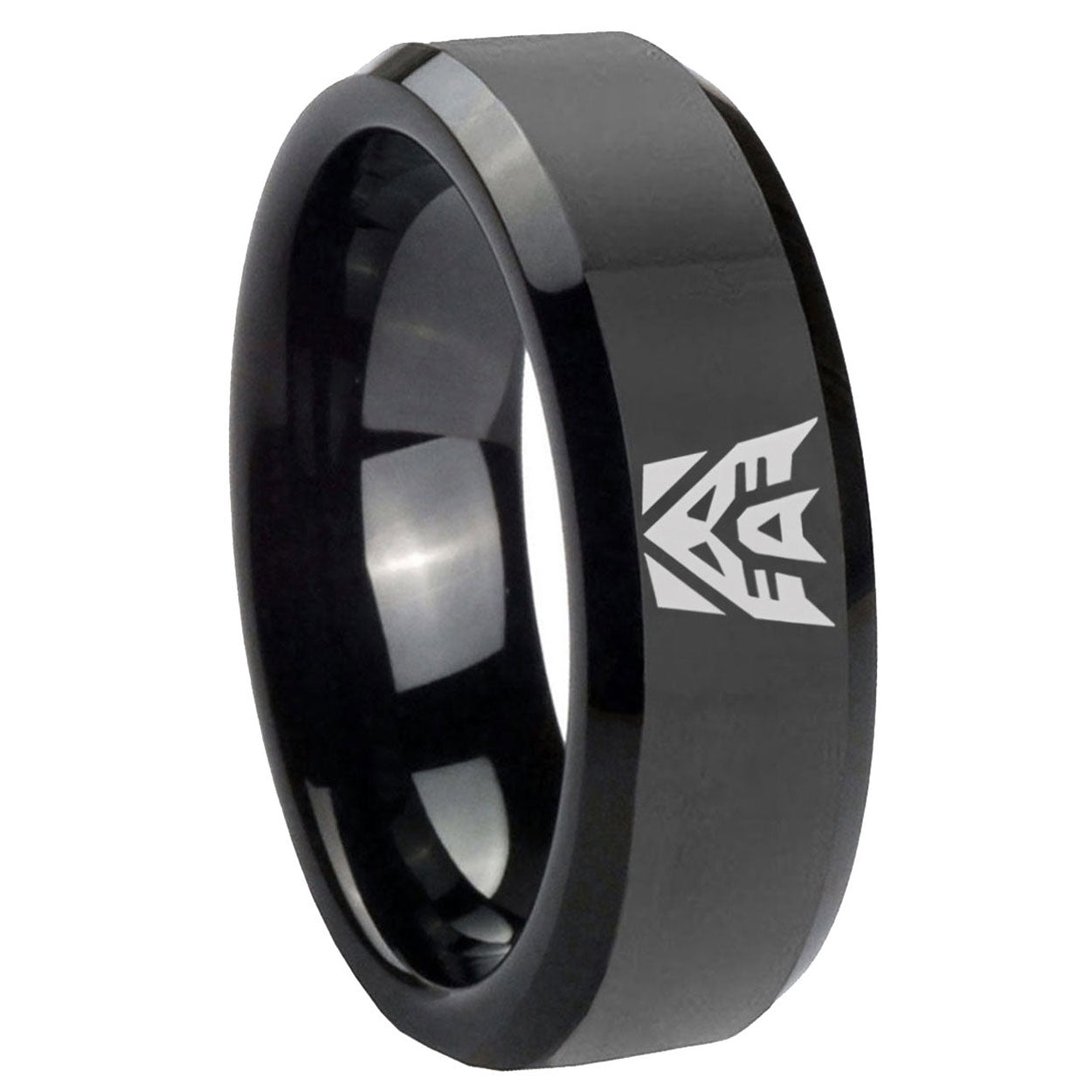 10mm Decepticon Transformers Beveled Edges Black Tungsten Mens Ring Engraved