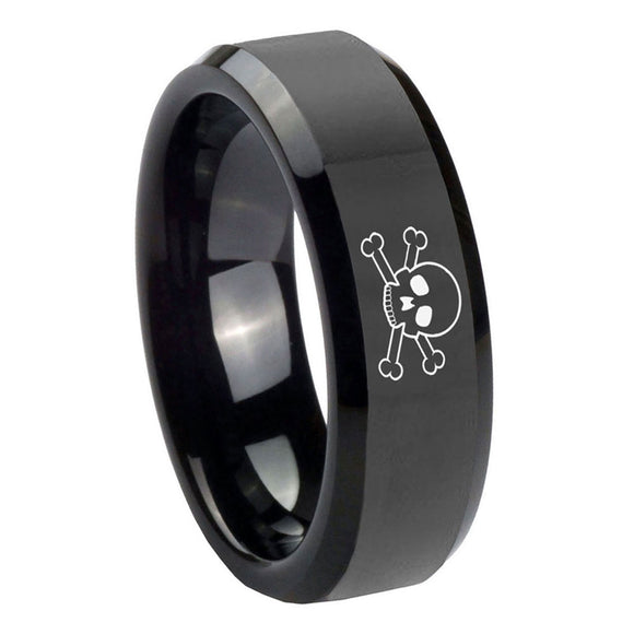 8mm-Skull-Beveled-Edges-Black-Tungsten-Carbide-Men's-Engagement-Band