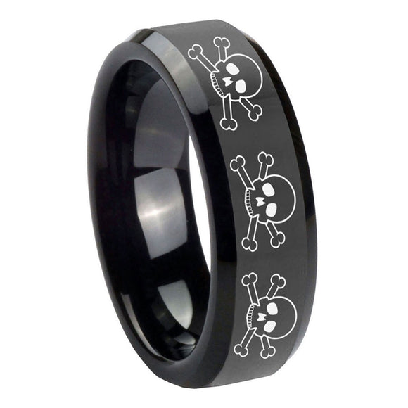 8mm-Multiple-Skull-Beveled-Edges-Black-Tungsten-Carbide-Men's-Ring