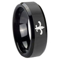 10mm Fleur Delis Beveled Edges Black Tungsten Carbide Custom Mens Ring