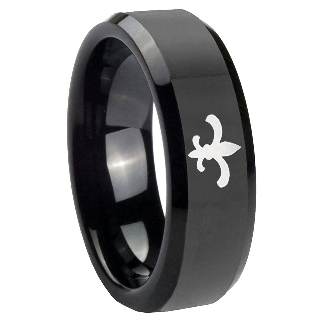10mm Fleur Delis Beveled Edges Black Tungsten Carbide Custom Mens Ring