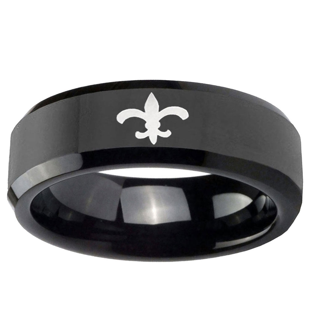 5mm Fleur-De-Lis Beveled Edges Black Tungsten Mens Ring
