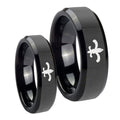 Fleur De Lis Beveled Edges Black Tungsten Couples Ring Set