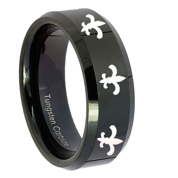 8mm-Multiple-Fleur-De-Lis-Beveled-Edges-Black-Tungsten-Wedding-Engraving-Ring