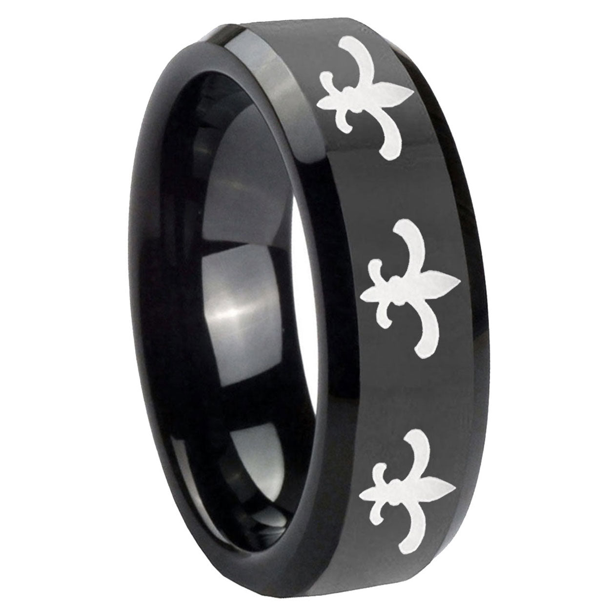 10mm Multiple Fleur Delis Beveled Edges Black Tungsten Mens Engagement Band