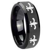 8mm Multiple Fleur Delis Beveled Edges Black Tungsten Wedding Engraving Ring