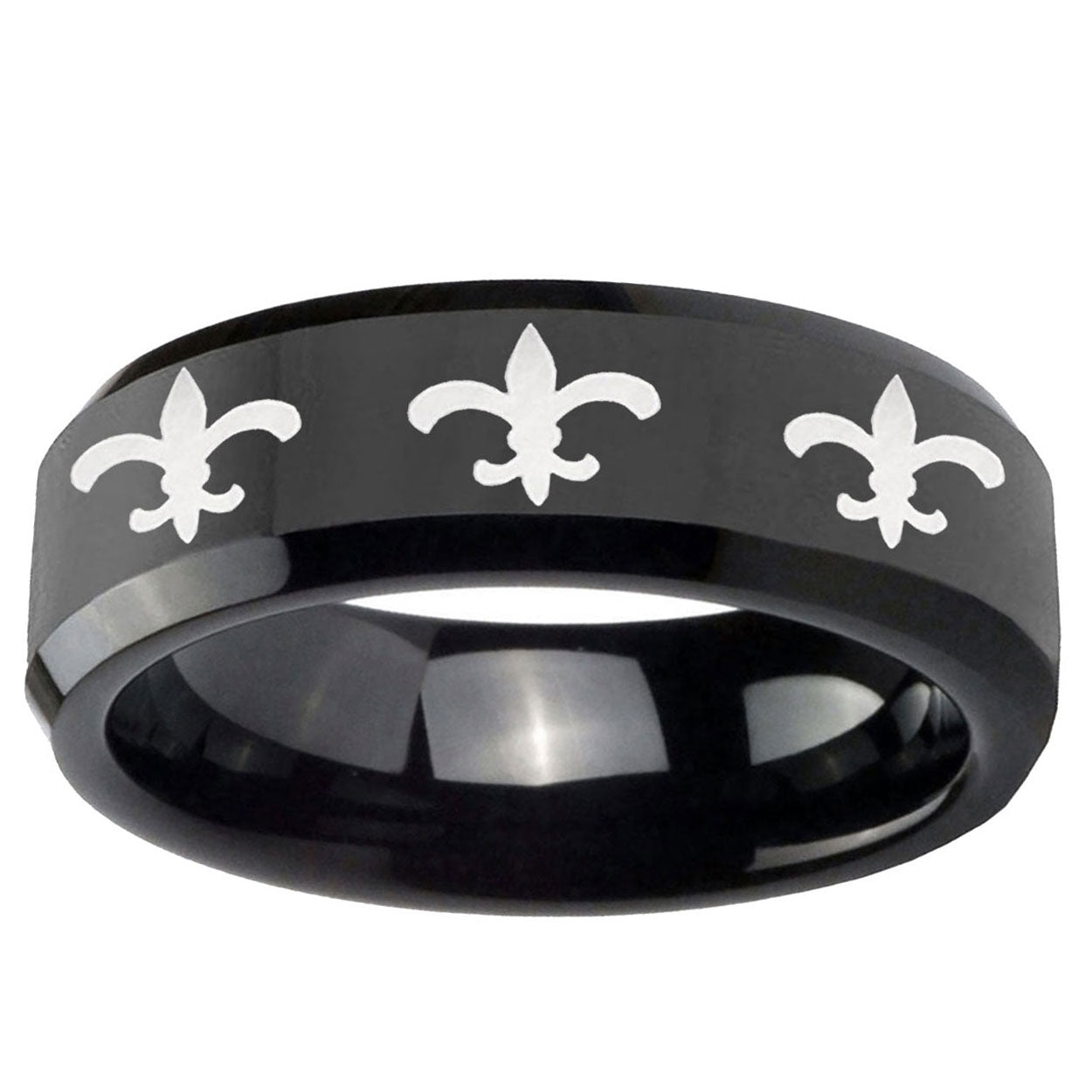 10mm Multiple Fleur-De-Lis Beveled Edge Black Tungsten Ring