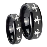 His Hers Multiple Fleur De Lis Beveled Black Tungsten Men's Engagement Ring Set