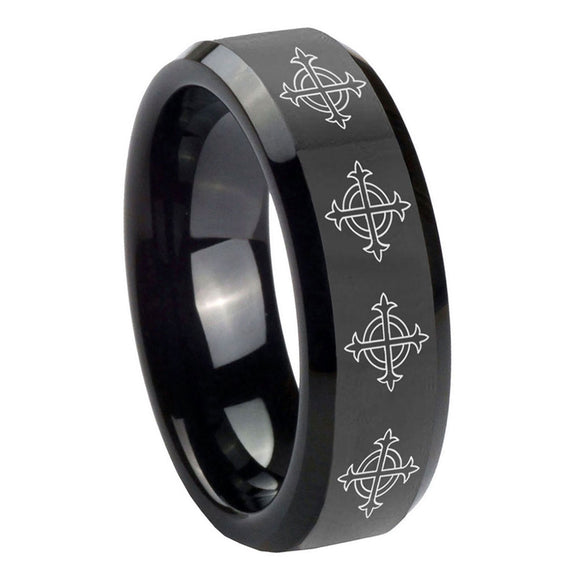 10mm-Multiple-Crosses-Beveled-Edges-Black-Tungsten-Men's-Engagement-Band