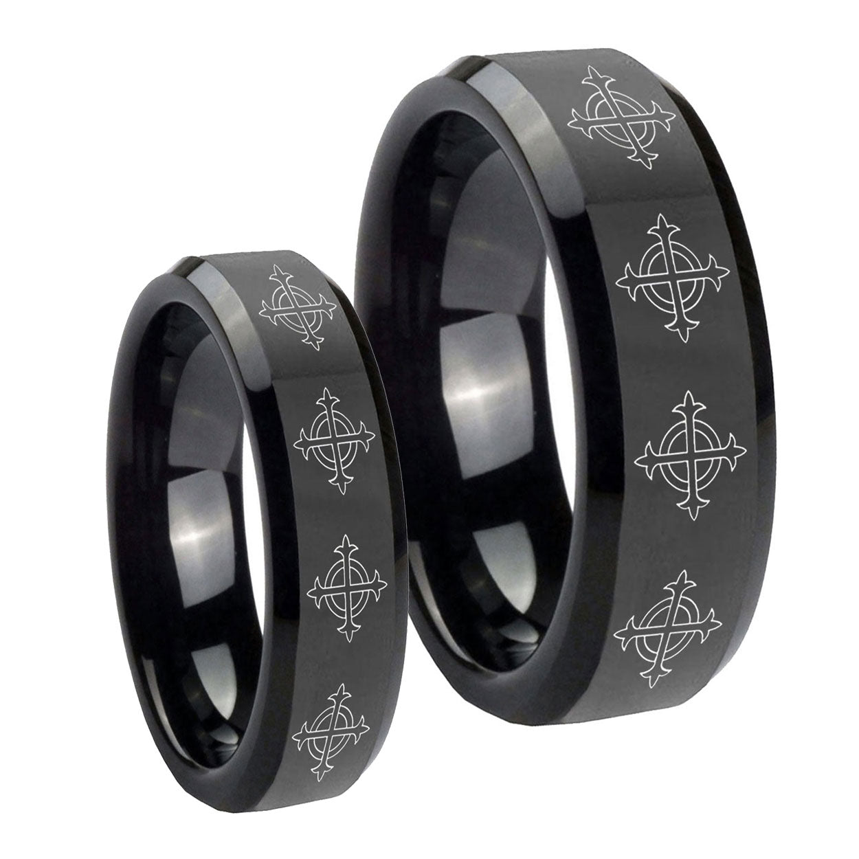 Multiple Crosses Beveled Edges Black Tungsten Couple Wedding Rings