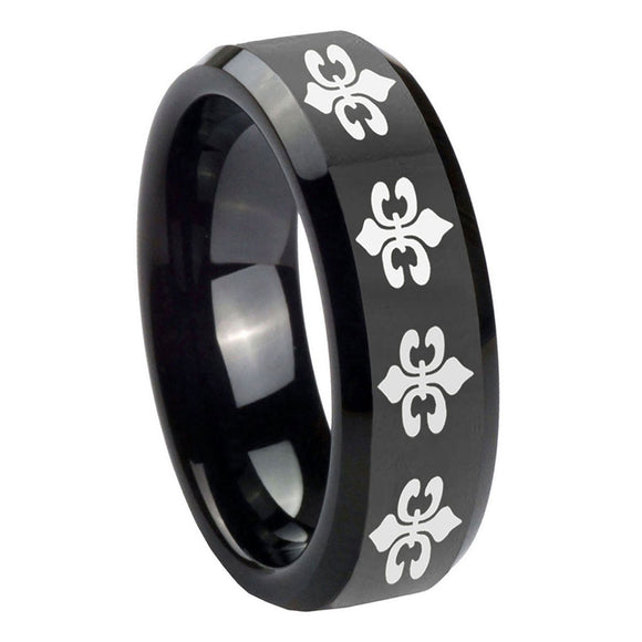 10mm-Multiple-Fleur-De-Lis-Beveled-Edges-Black-Tungsten-Carbide-Mens-Ring