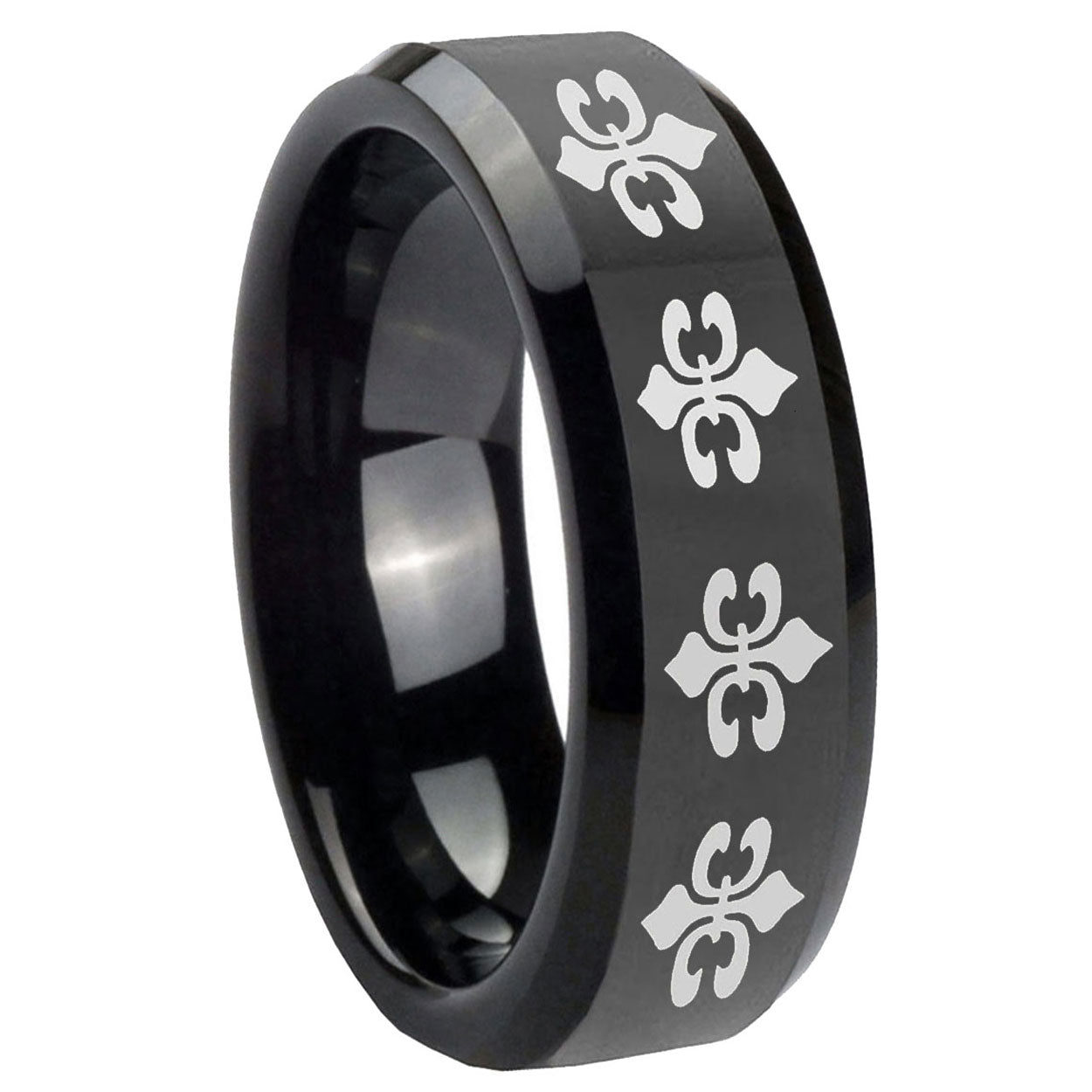 10mm Multiple Fleur Delis Beveled Edges Black Tungsten Carbide Mens Ring