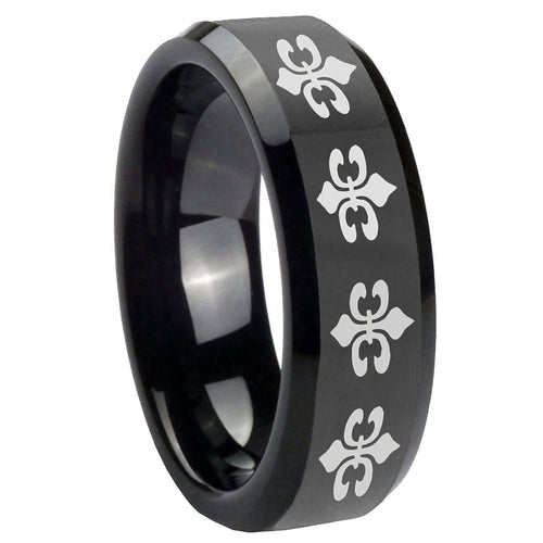 10mm Multiple Fleur Delis Beveled Edges Black Tungsten Carbide Mens Ring