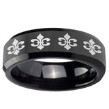 10mm Multiple Fleur-De-Lis Beveled Edge Black Tungsten Carbide Mens Ring