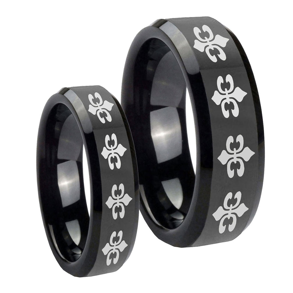 Multiple Fleur De Lis Beveled Black Tungsten Couple Wedding Rings