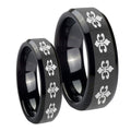 Multiple Fleur De Lis Beveled Black Tungsten Couple Wedding Rings