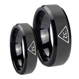 His and Hers Masonic 32 Triangle Freemason Beveled Edges Black Tungsten Custom Ring for Men Set