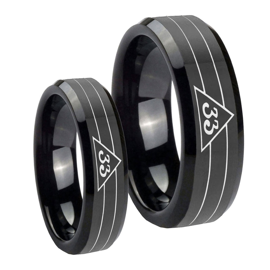 Masonic 32 Duo Line Freemason Beveled Edges Black Tungsten Bridal Set Ring