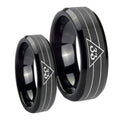 Masonic 32 Duo Line Freemason Beveled Edges Black Tungsten Bridal Set Ring