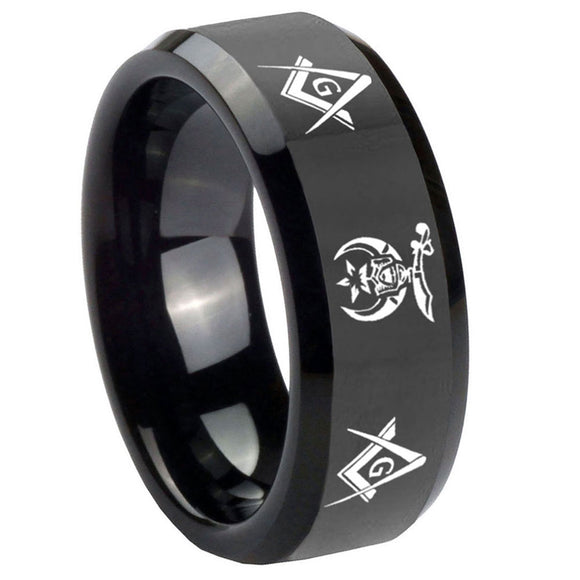 10mm-Masonic-Shriners-Beveled-Edges-Black-Tungsten-Carbide-Mens-Wedding-Band
