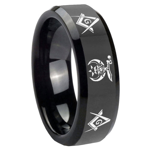 10mm Masonic Shriners Beveled Edges Black Tungsten Carbide Mens Wedding Band