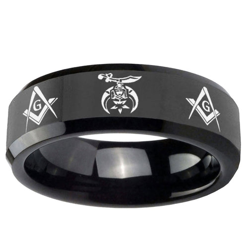 10mm Masonic Shriners Beveled Edge Black Tungsten Ring