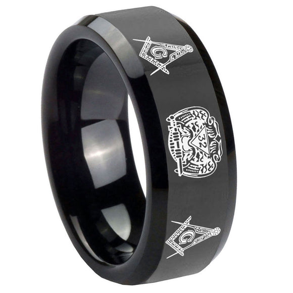 10mm-Masonic-32-Design-Beveled-Edges-Black-Tungsten-Carbide-Promise-Ring