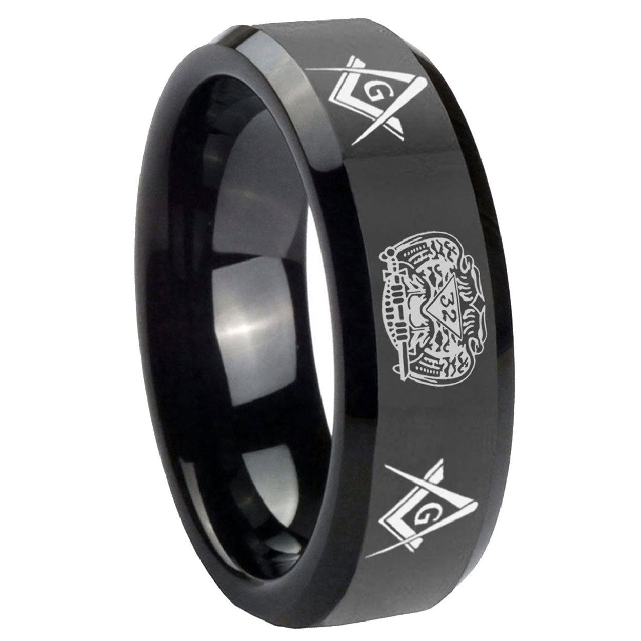 10mm Masonic 32 Design Beveled Edges Black Tungsten Carbide Promise Ring