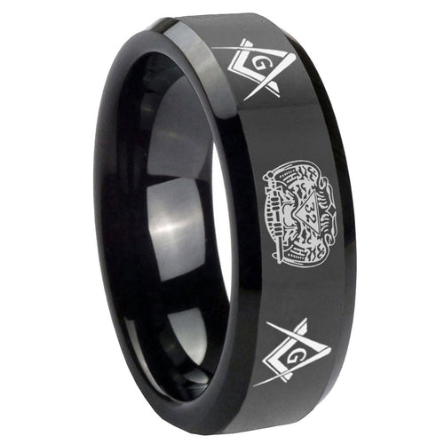 10mm Masonic 32 Design Beveled Edges Black Tungsten Carbide Promise Ring