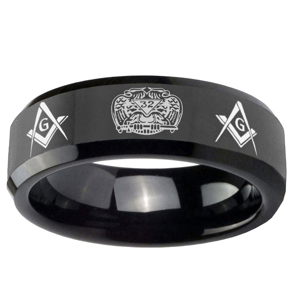 10mm Masonic 32 Design Beveled Edge Black Tungsten Carbide Promise Ring